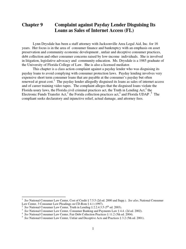 Complaint Against Payday Lender Disguising Its Loans As Sales of