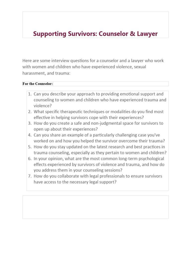 Counselor and Lawyer Interview Guide | PDF | Psychological Trauma ...