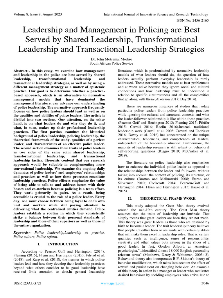 Leadership and Management in Policing Are Best Served by Shared ...