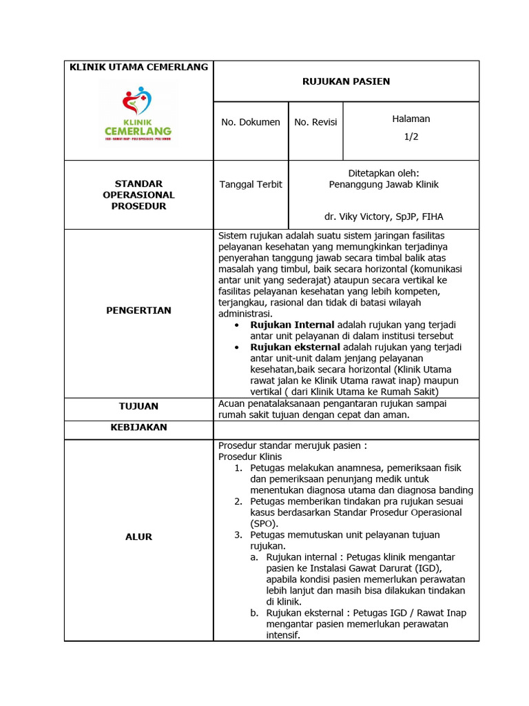 SOP Rujukan Pasien Klinik Utama | PDF