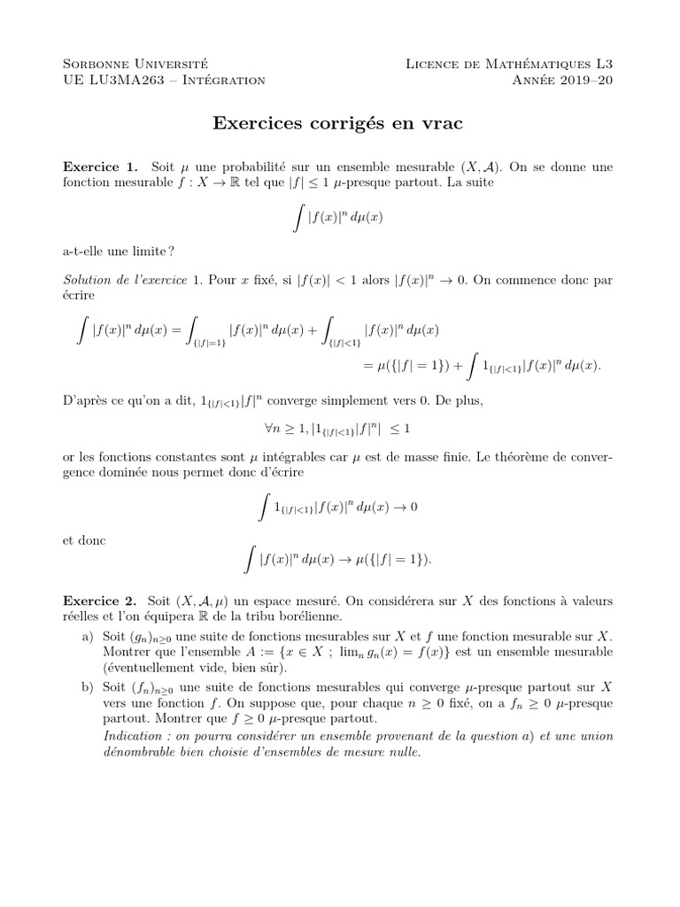 Exercices corrigés d'intégration L3 | PDF | Limite (mathématiques ...