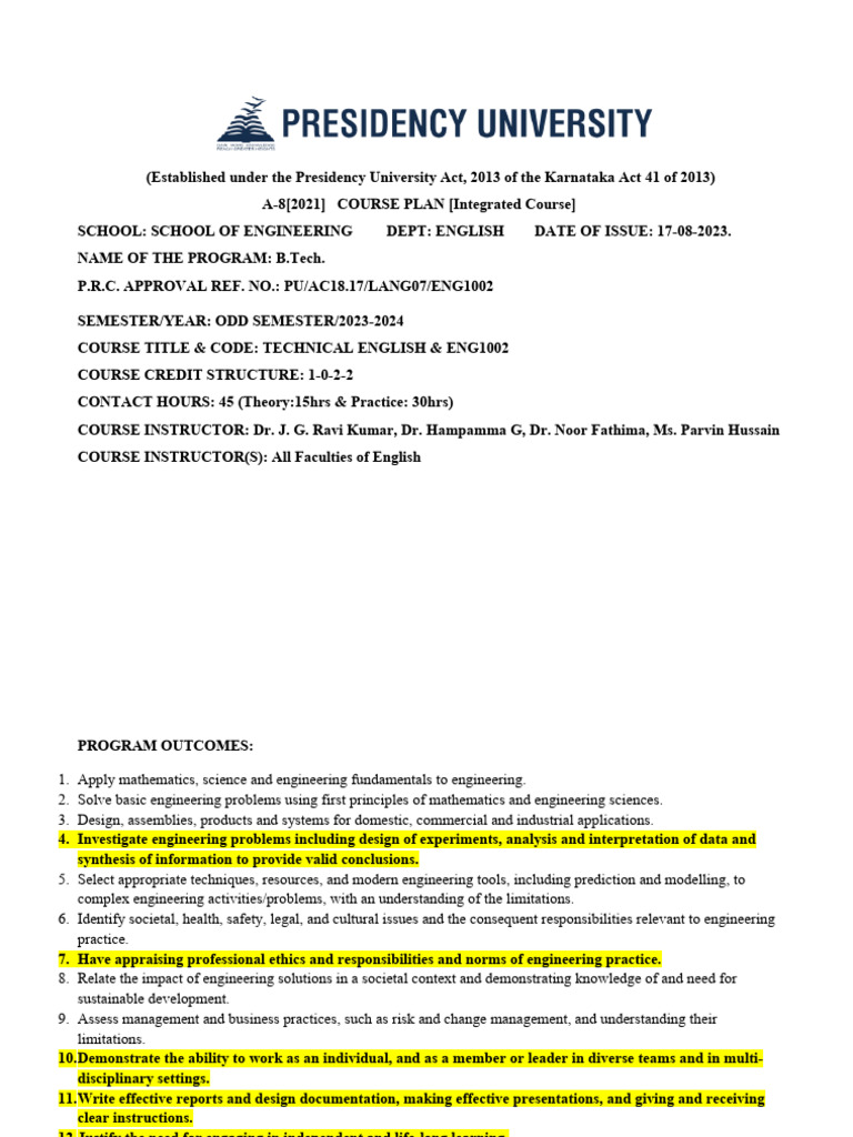 CP ENG1002 Technical English 29-08-2023 | PDF | Engineering | Communication