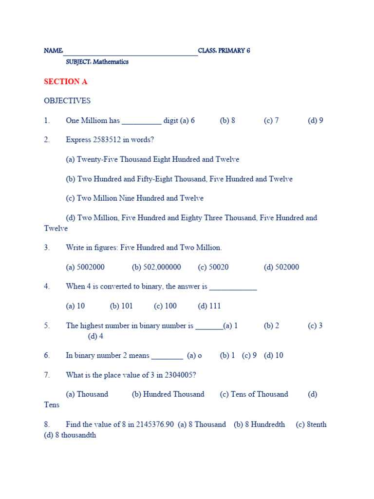Primary 6 Mathematics Practice Test | PDF | Meal | Agriculture