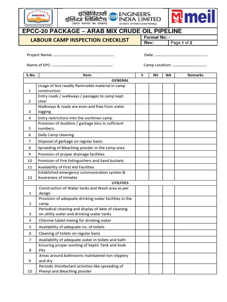 HSE 26 Labour Camp Inspection Checklist PDF Water Kitchen