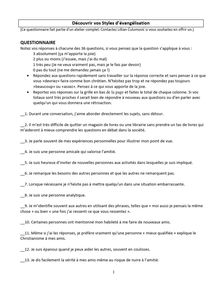 Questionnaire sur les Styles d'Évangélisation | PDF | Vérité | Amour