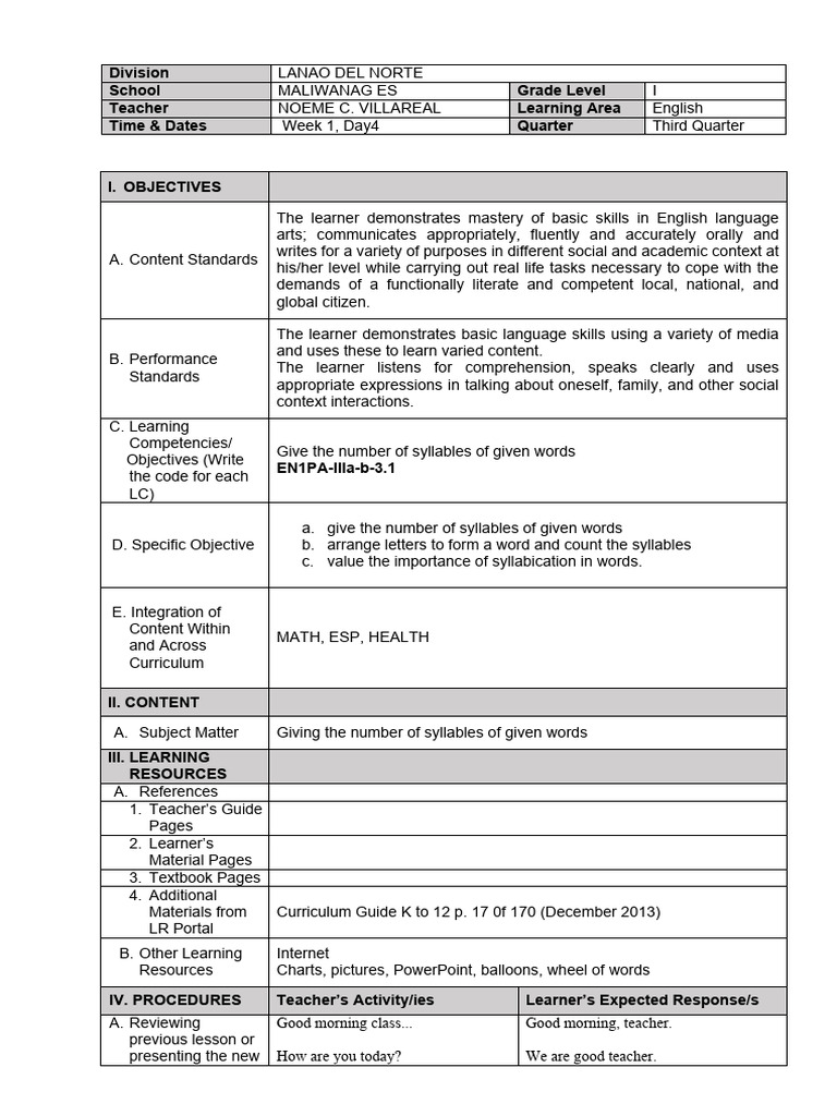 Dlp G1 Englsih 1 Pdf Syllable Word