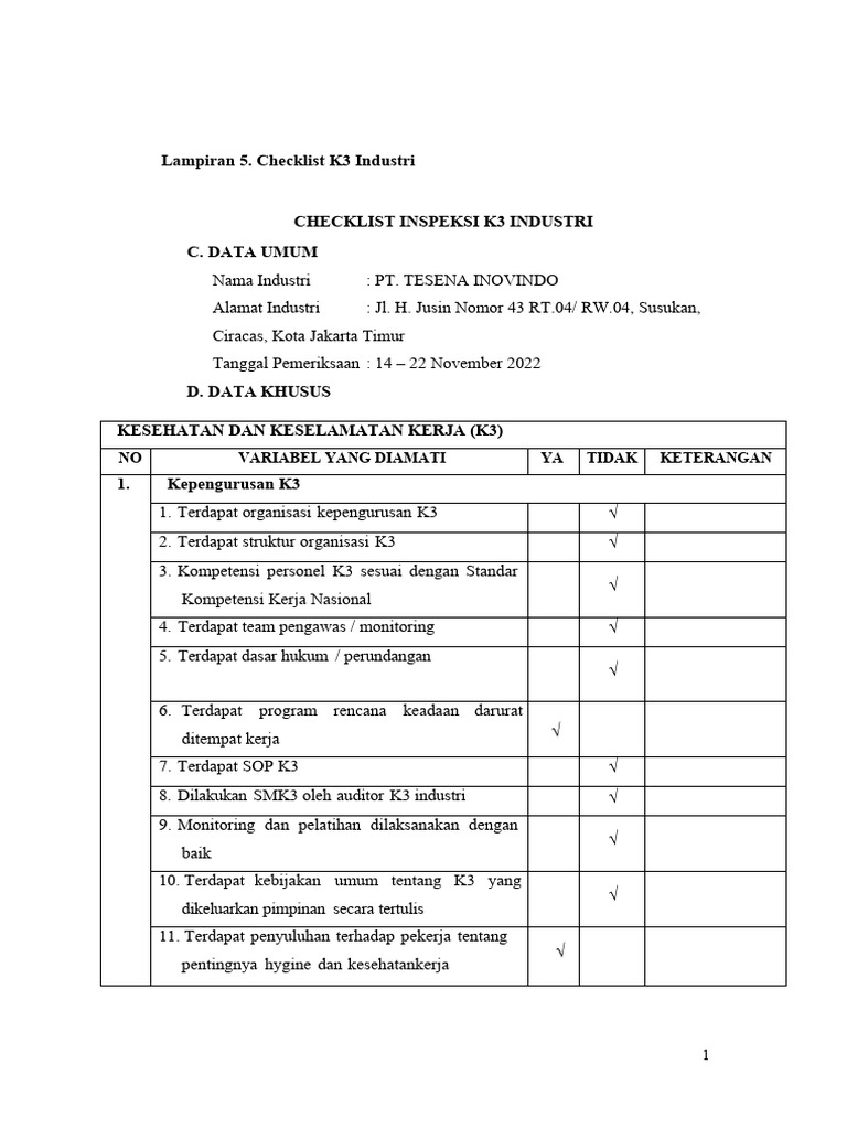 Checklist K3 untuk PT. Tesena Inovindo | PDF