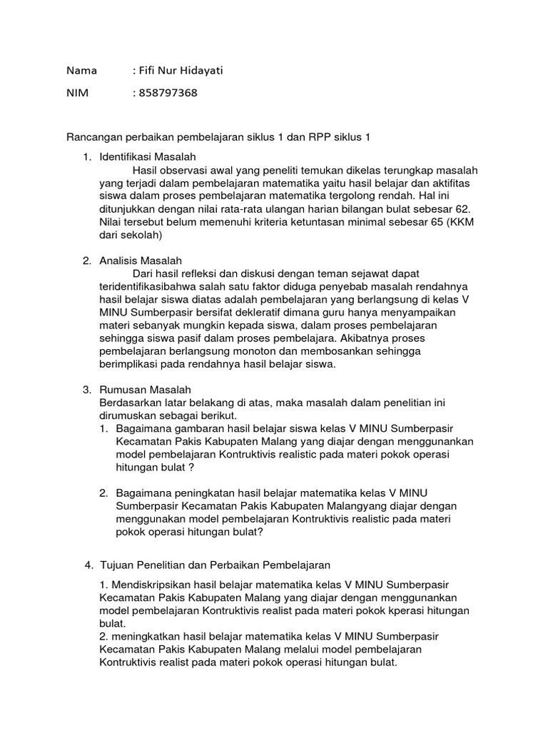 PKP - RPP Siklus 1 - Fifi Nur Hidayati - 858797368 | PDF | Karier ...