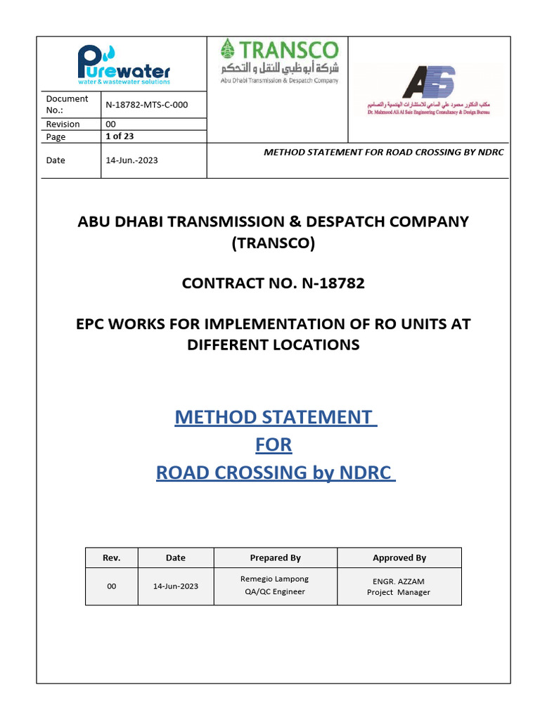 NDRC Method Statement for Road Crossing | PDF | Pump | Pipe (Fluid ...