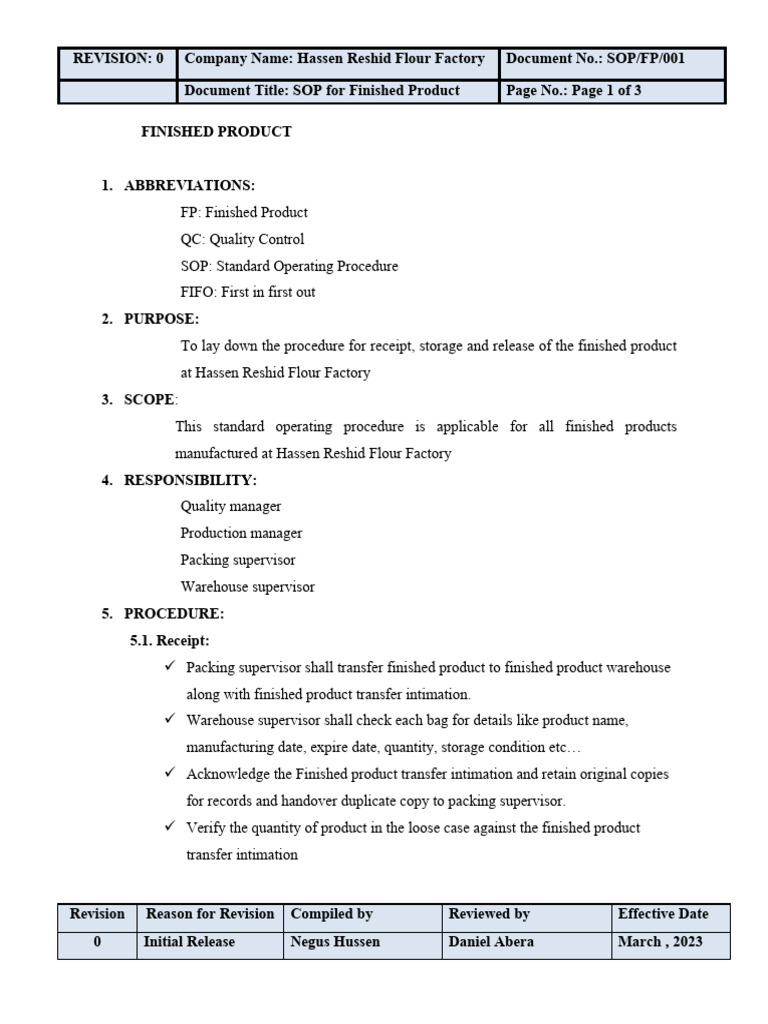 SOP For Finished Product PDF Warehouse Business Process