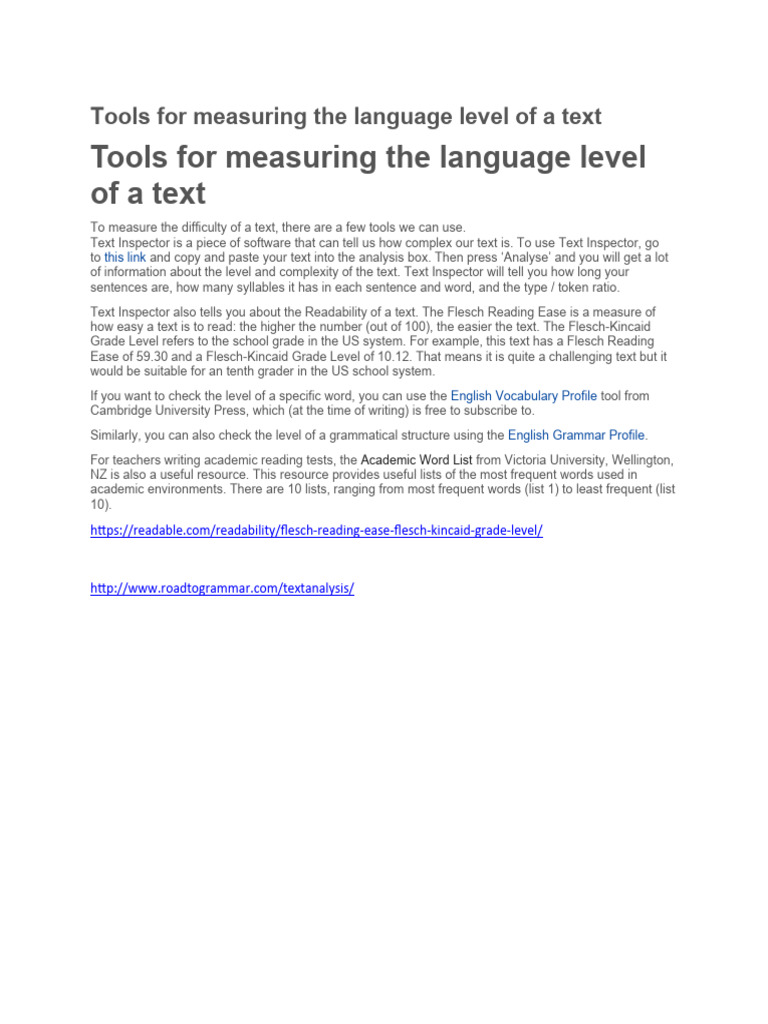 Tools For Measuring The Language Level of A Text | PDF | Career ...