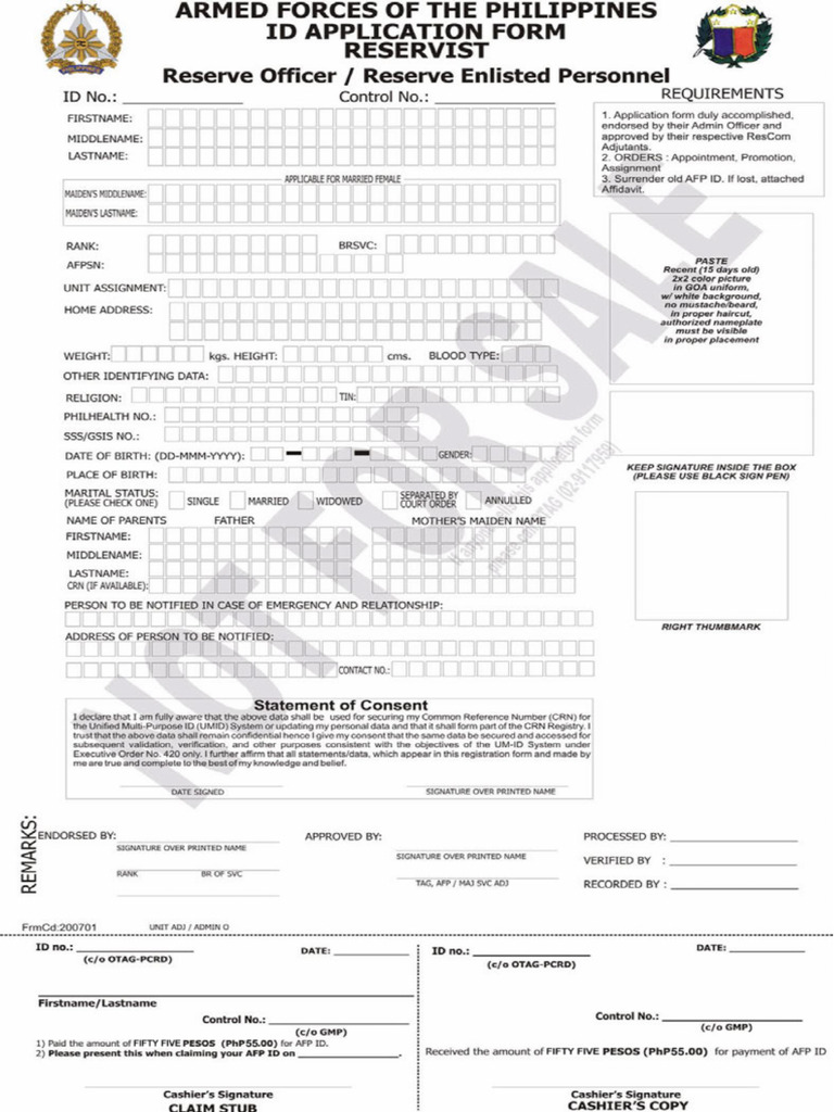 Reservist id form pdf