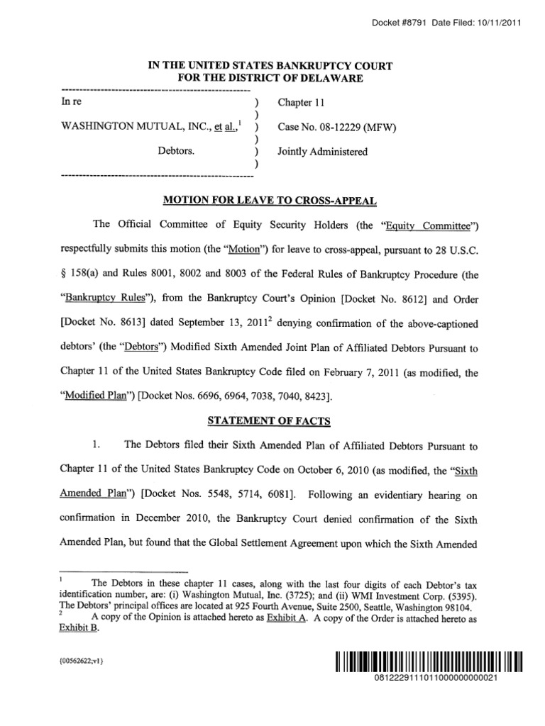 Washington Mutual (WMI) Motion of The Official Committee of Equity