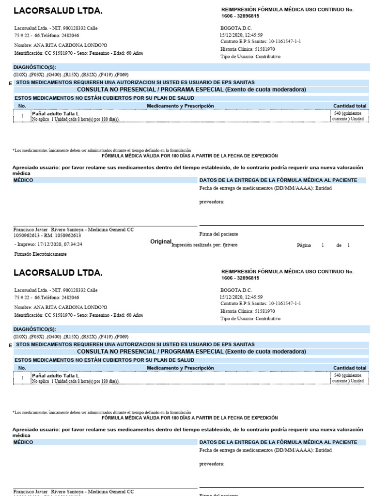 Fórmula Médica Lacorsalud Ltda. | PDF | Medicamentos con receta ...