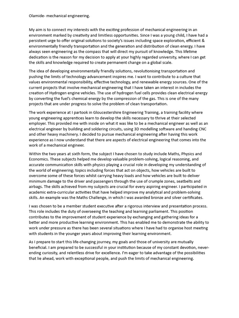 personal statement copy | PDF | Engineering | Mechanical Engineering