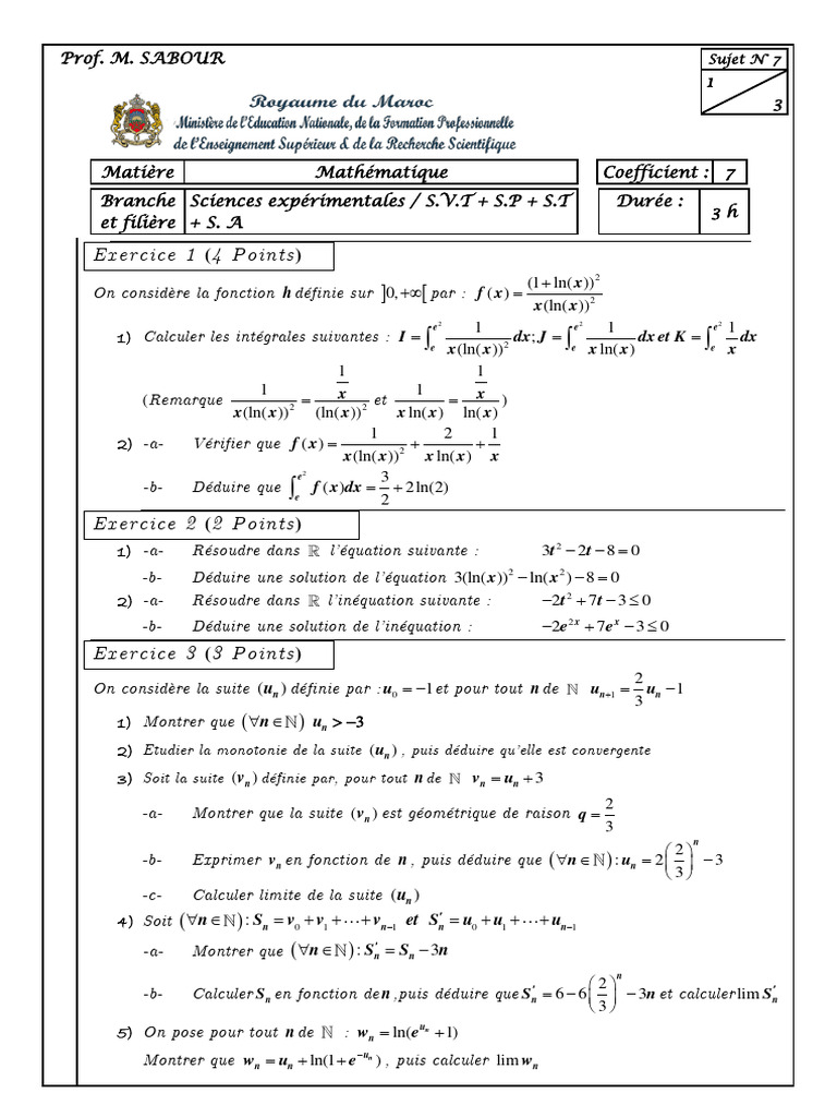Examen de Mathématiques - Sujet N° 7 | PDF | Fonction (Mathématiques ...