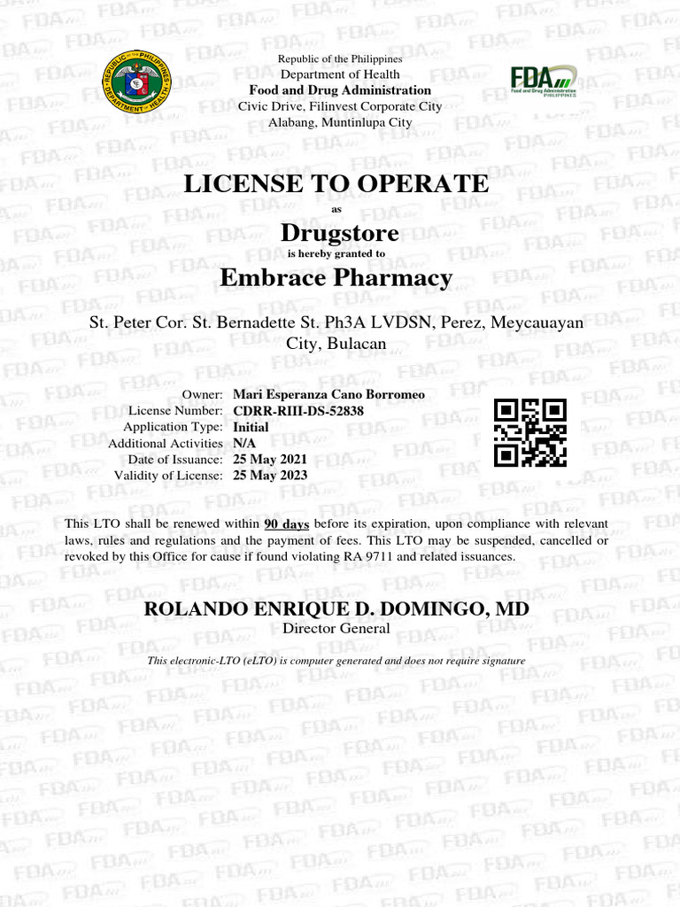 FDA License to Operate: Embrace Pharmacy | PDF