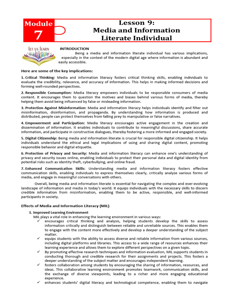 MIL - Module 7 - Lesson 9 - Media and Information Literate Individual ...