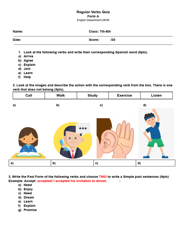 7th-8thth Grade Regular Verbs Quiz | PDF | Verb | English Language