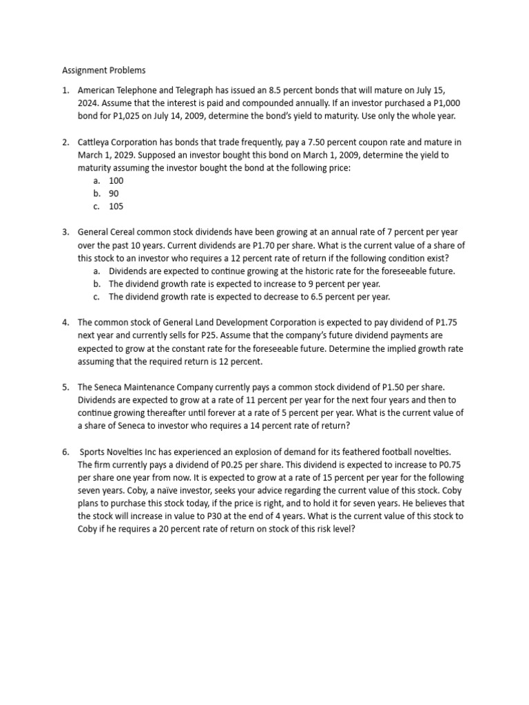 Assignment Problems | PDF | Bonds (Finance) | Dividend