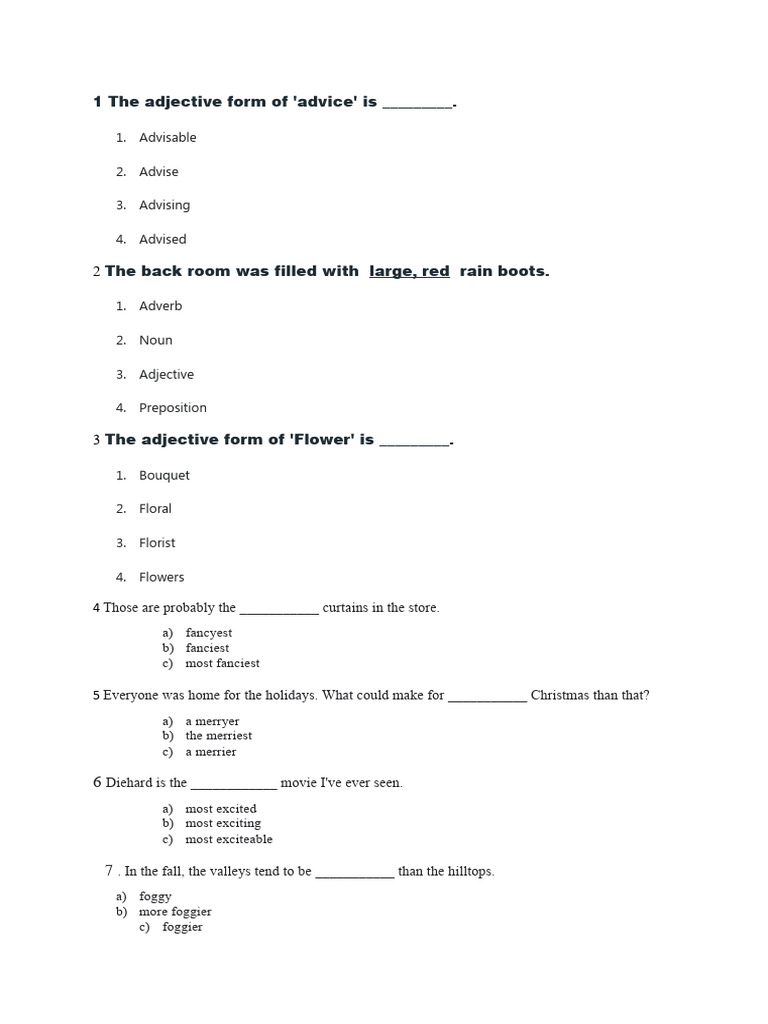 Adjective MCQs with Answers | PDF | Language Arts & Discipline | Home ...