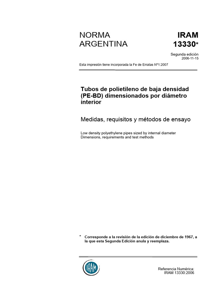 Normativa IRAM 13330: Tubos PE-BD | PDF