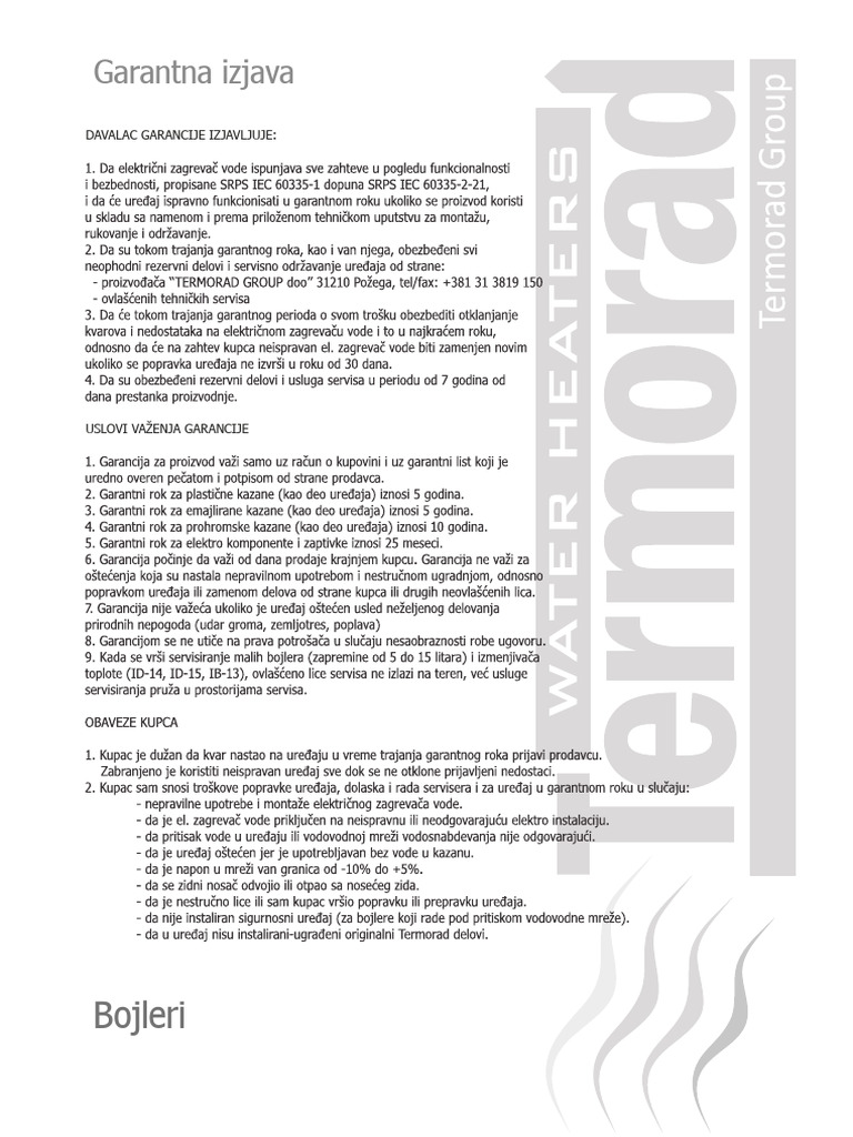 Garantna Izjava Bojleri | PDF
