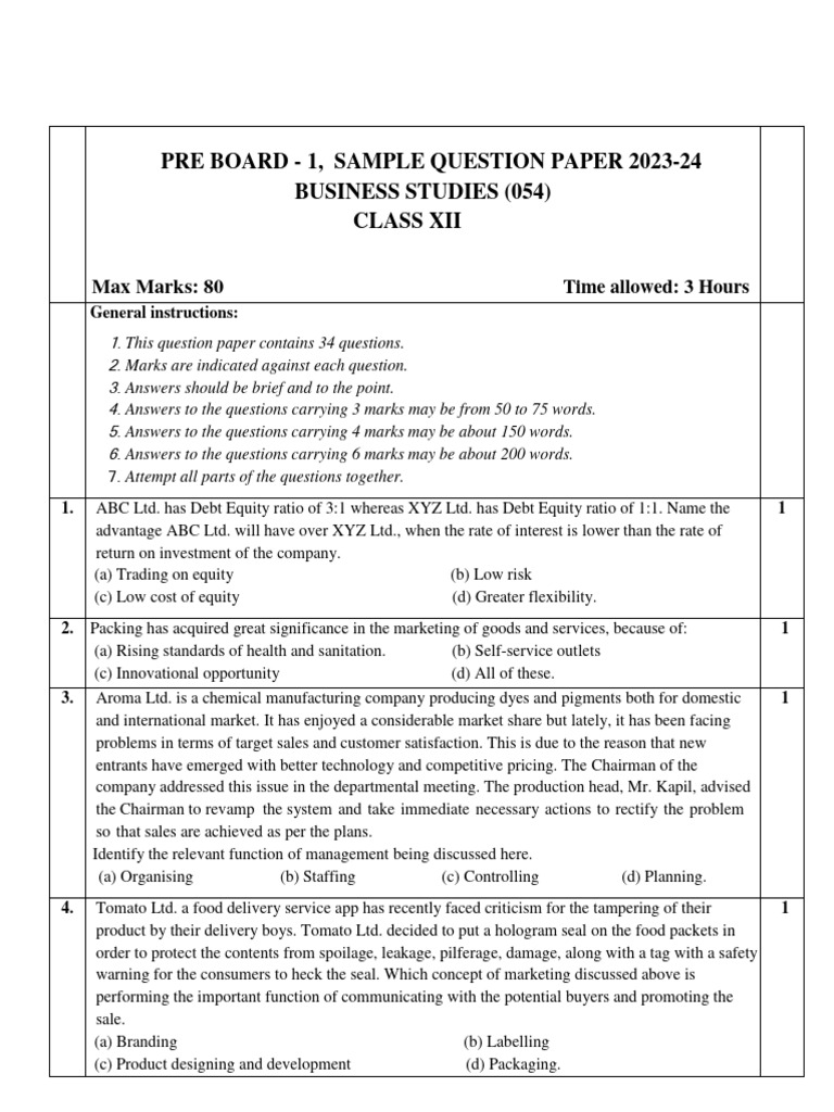 Practice Paper PreBoard Xii B.ST 202324 PDF Brand Stocks