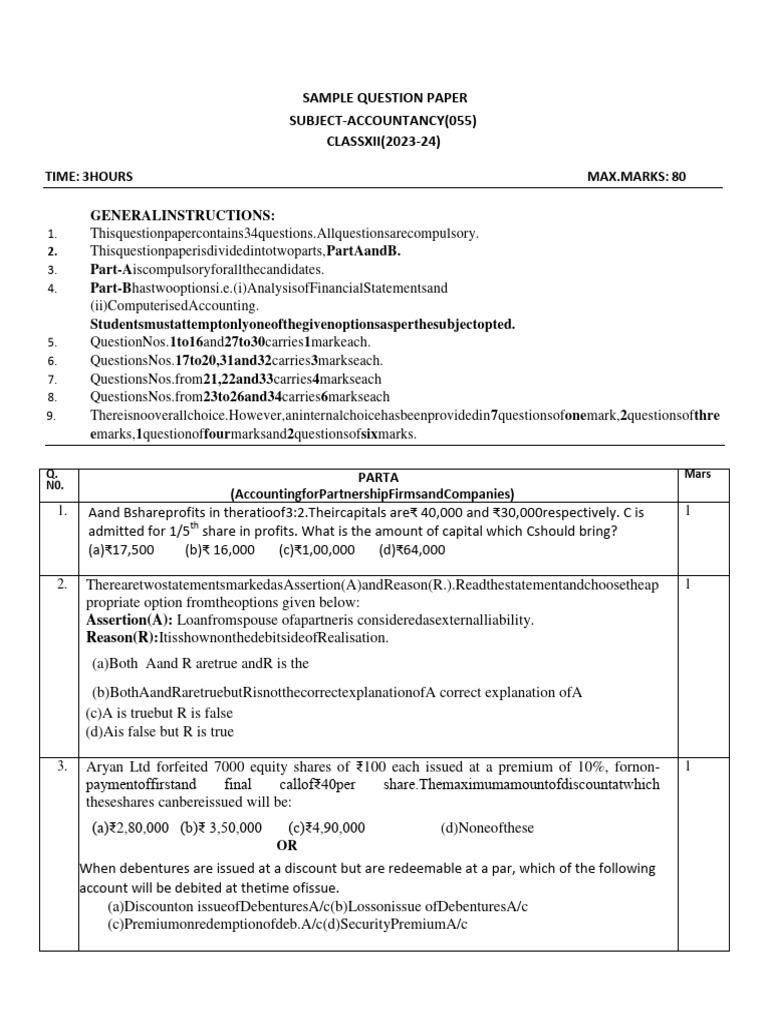 Practice Paper PreBoard Xii Acc 202324 PDF Bad Debt Financial Services