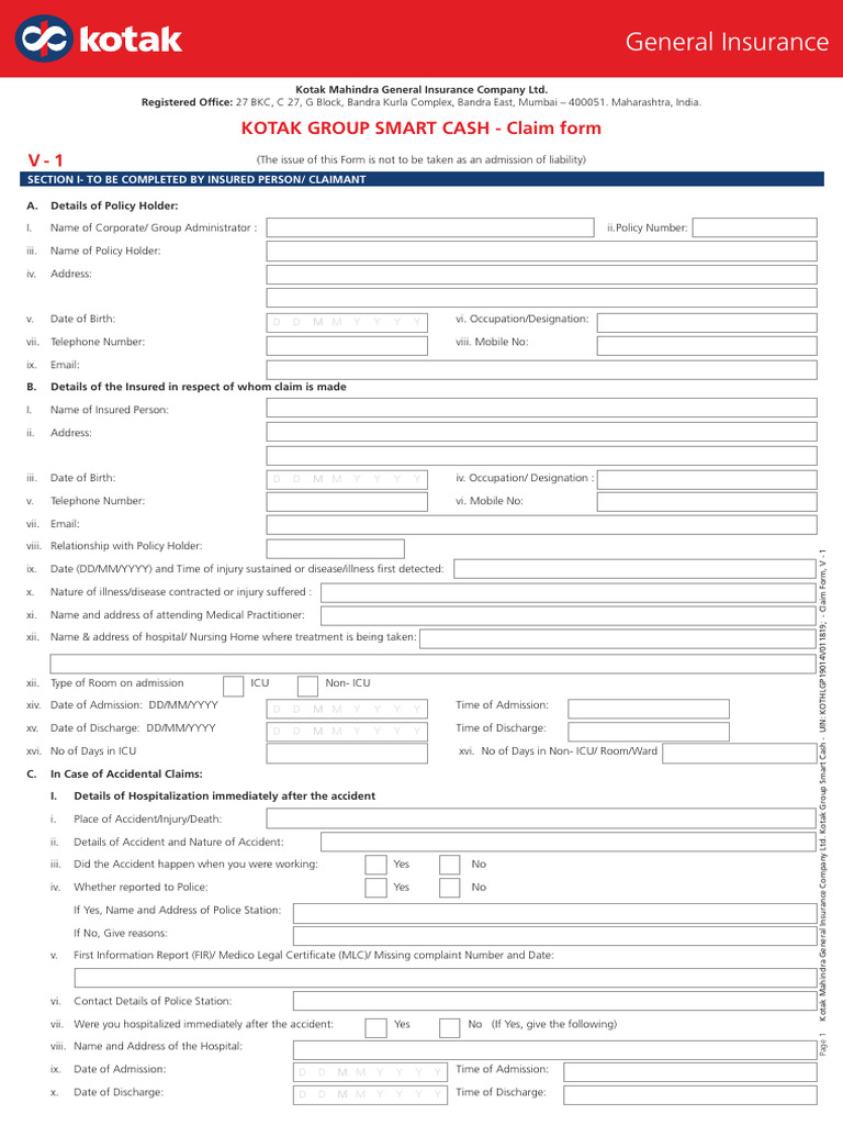 Kotak Group Smart Cash Claim Form 01 Download Free PDF Hospital