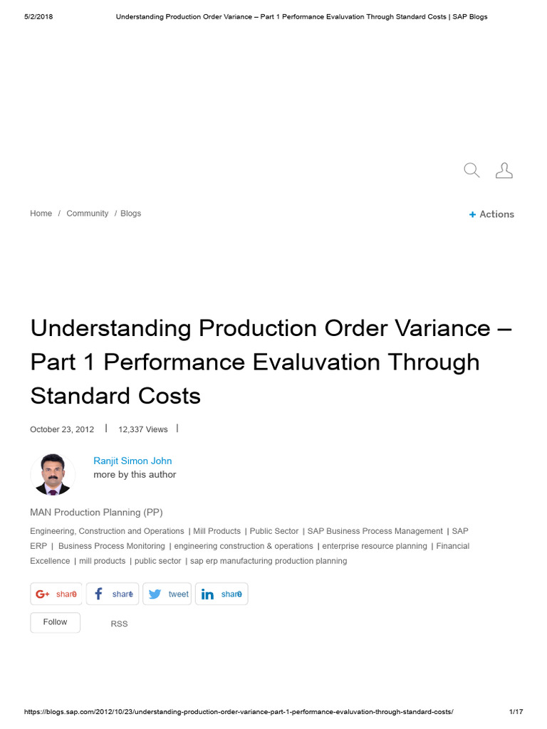 Understanding Production Order Variance Part 1 Performance Evaluvation Through Standard Costs
