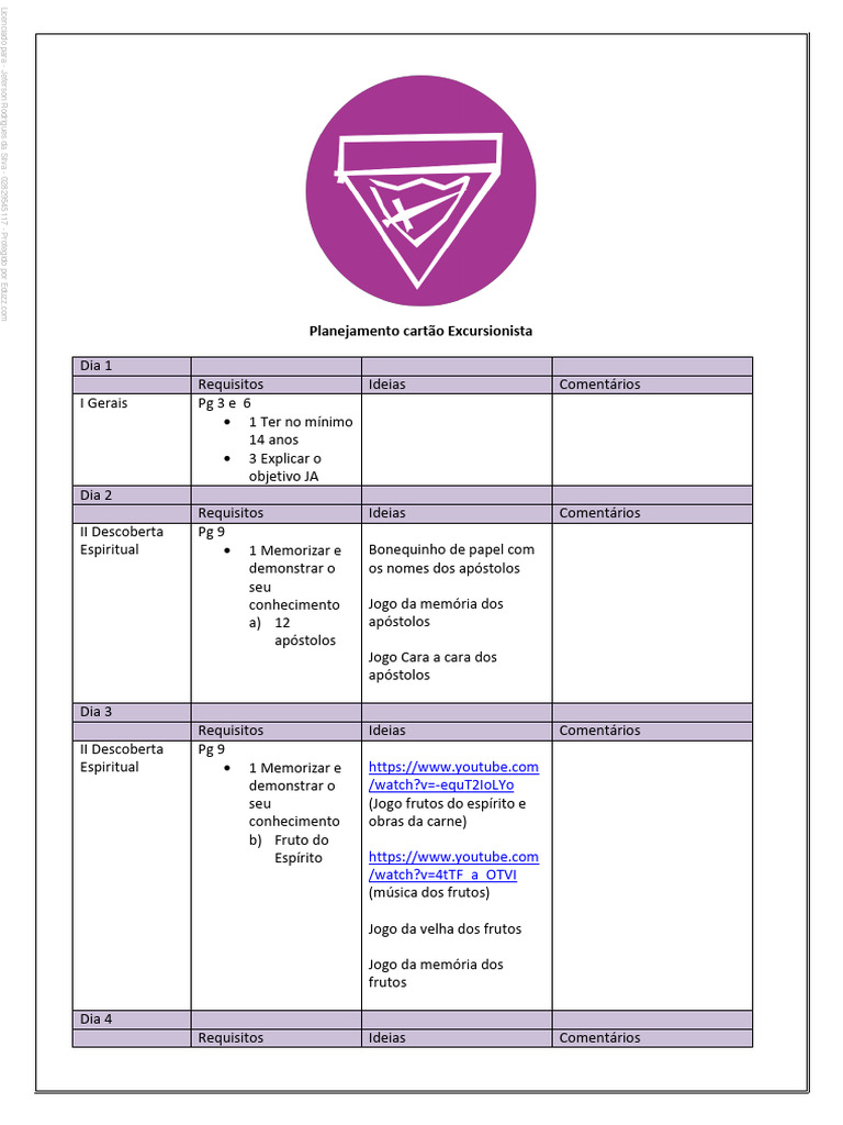 05 Planejamento Cartao Excursionista | PDF