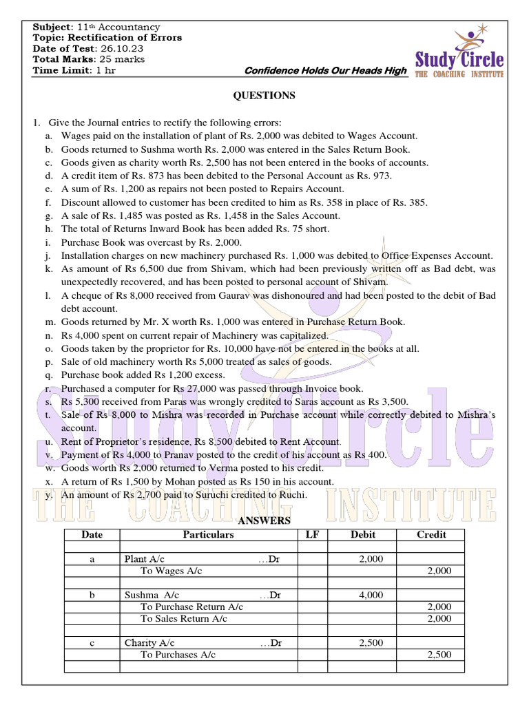 Anser Key of Rectification of Errors | PDF | Debits And Credits | Business