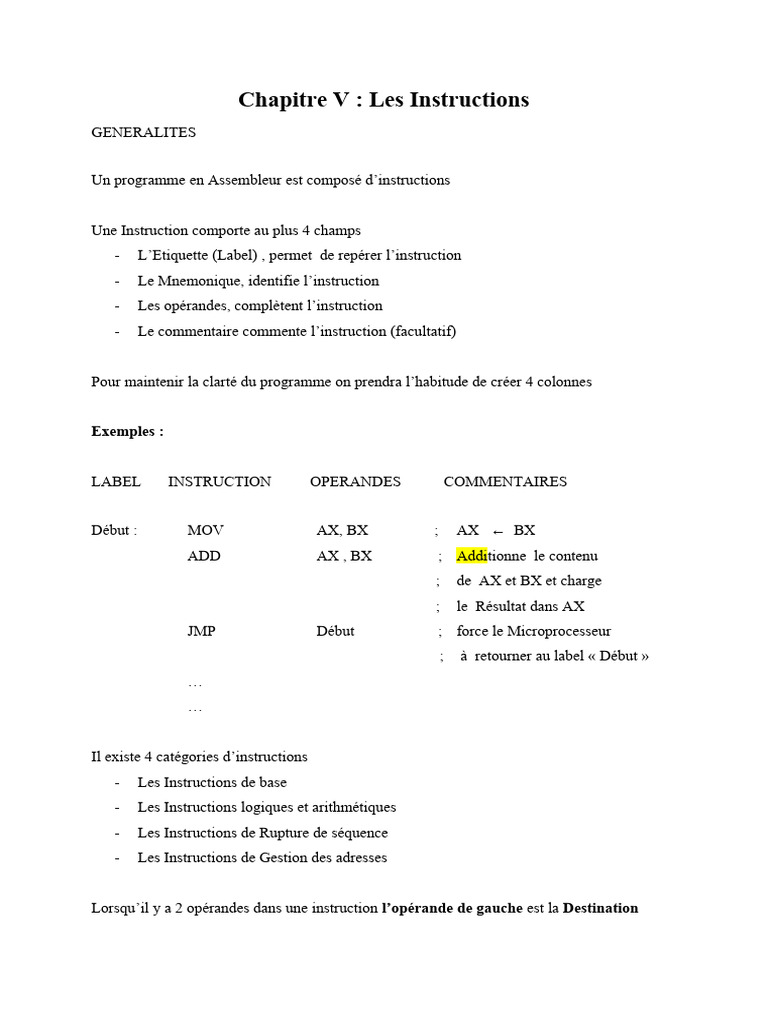 Instructions en Assembleur : Chapitre V | PDF | Programmation ...