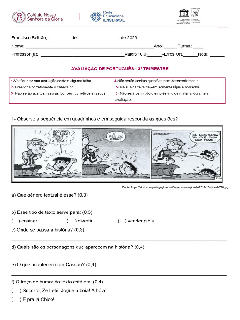 Avaliação de Português - 3º Trimestre | PDF | Linguística