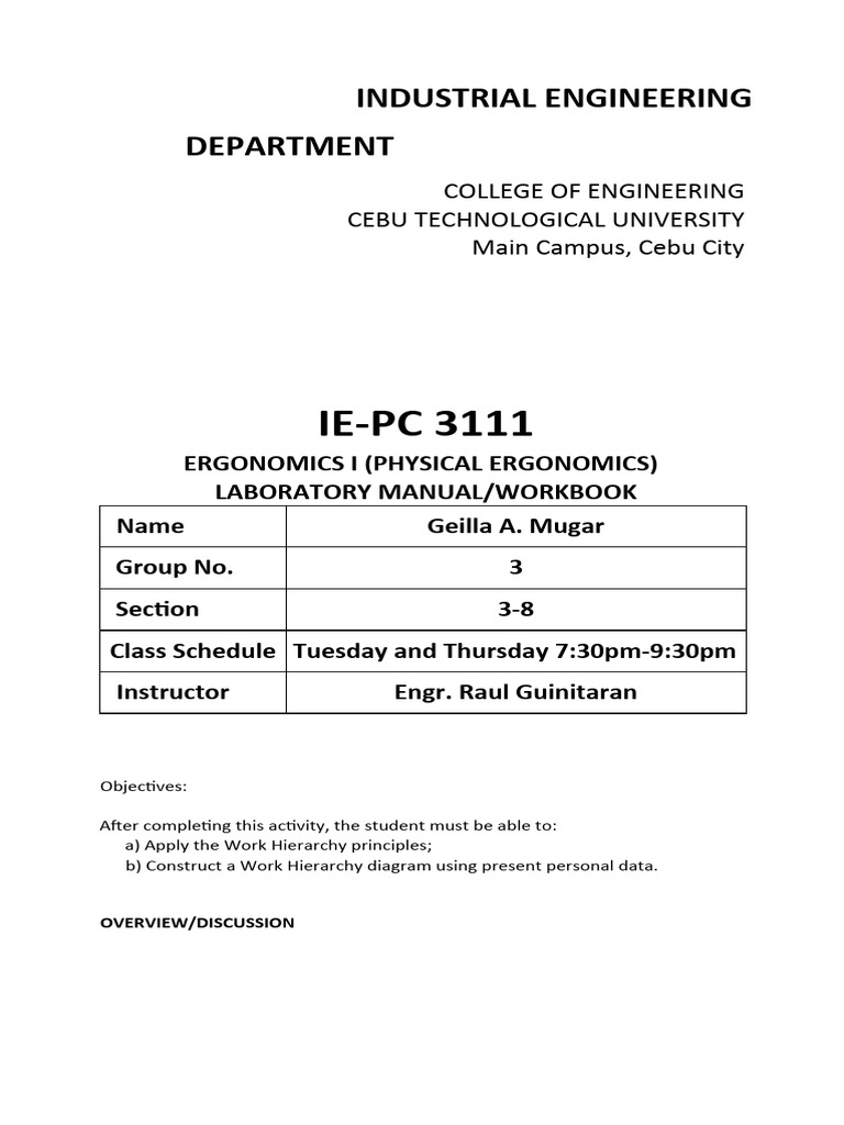 Ergo 1 - Workshop 3 | PDF | Human Factors And Ergonomics | Personal ...