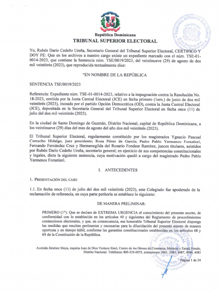 Sentencia TSE-0019-2023 Exp. TSE-01-0014-2023 | PDF