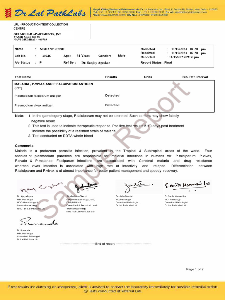 Malaria Positive Test Report | PDF | Malaria | Plasmodium Falciparum