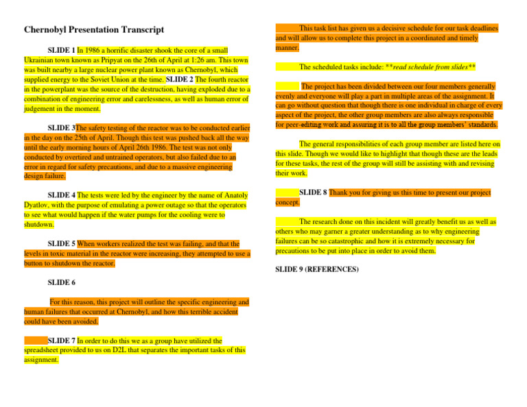 Chernobyl Presentation Script | PDF | Chernobyl Disaster | Nuclear Reactor