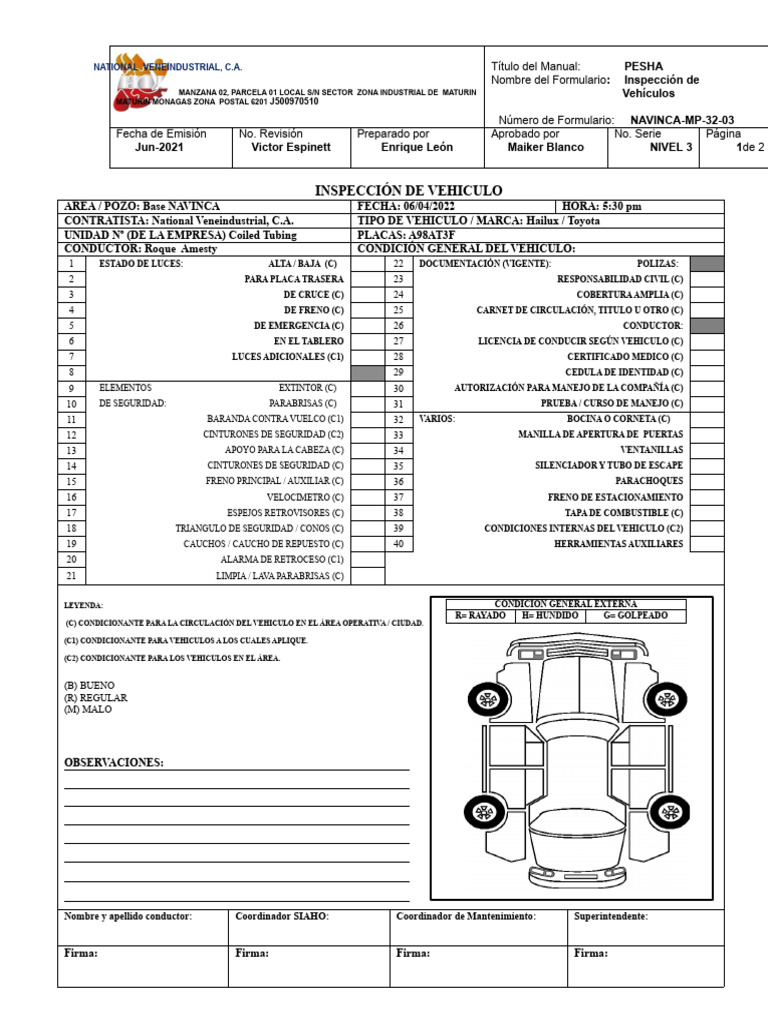 Inspección de Vehículos NAVINCA | PDF | Vehículos | Tecnología de vehículos