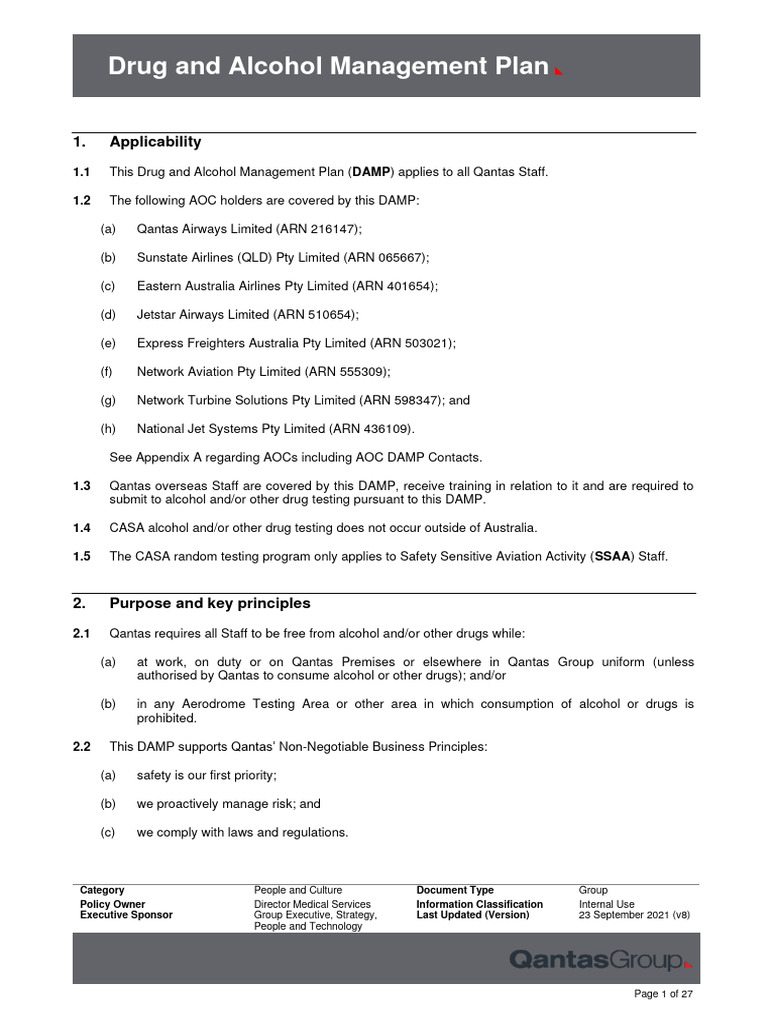 Qantas Drug and Alcohol Management Plan PDF Drug Test Employment