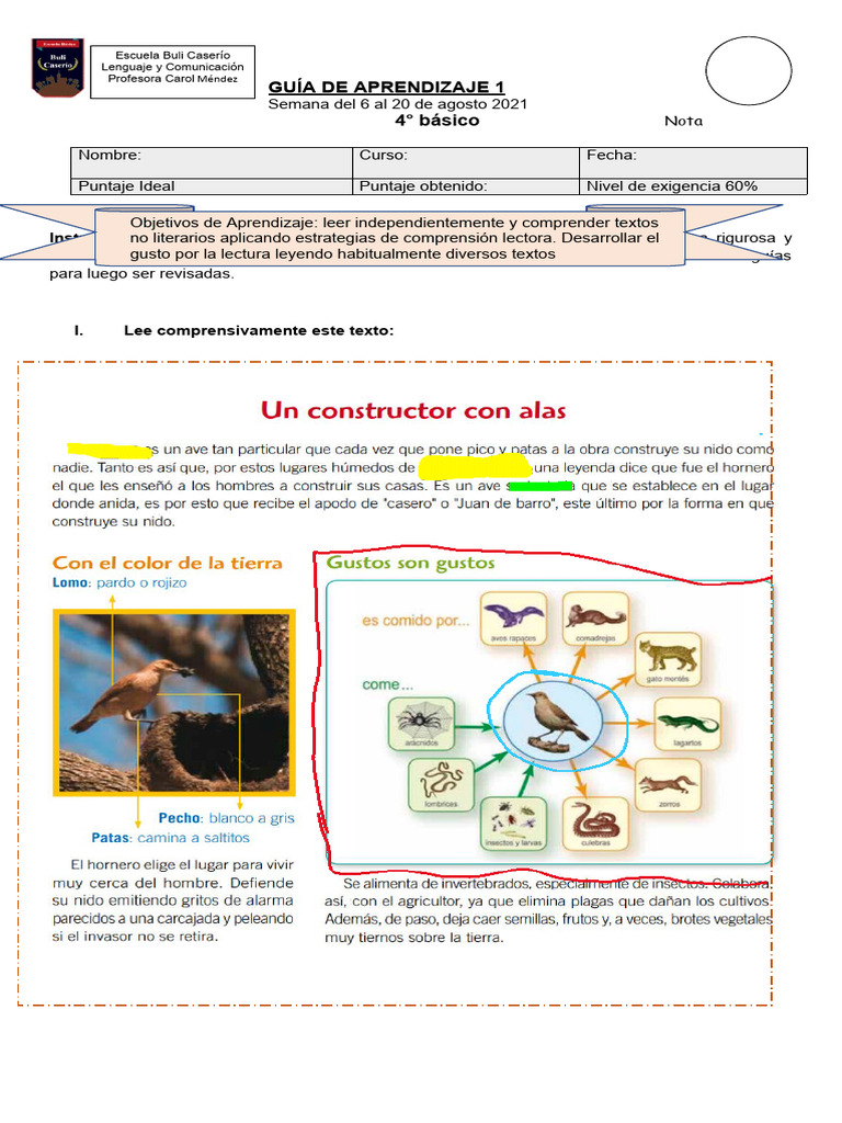 GUÍA DE APRENDIZAJE Lenguaje 4to 6 de Agosto | PDF | Comprensión ...