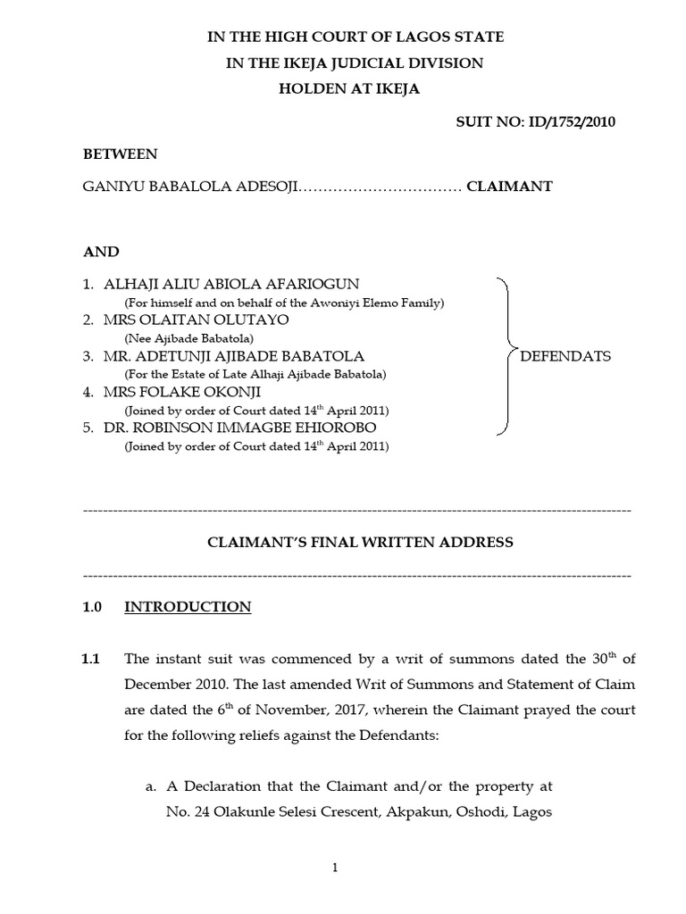 Claimant's Final Written Address | PDF | Lawsuit | In Rem Jurisdiction