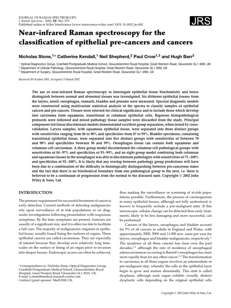 Near-Infrared Raman Spectroscopy For The | PDF | Epithelium | Cancer