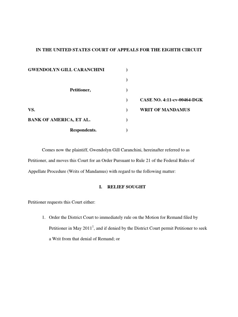 Writ of Mandamus 11 Case Diversity Jurisdiction Lawsuit