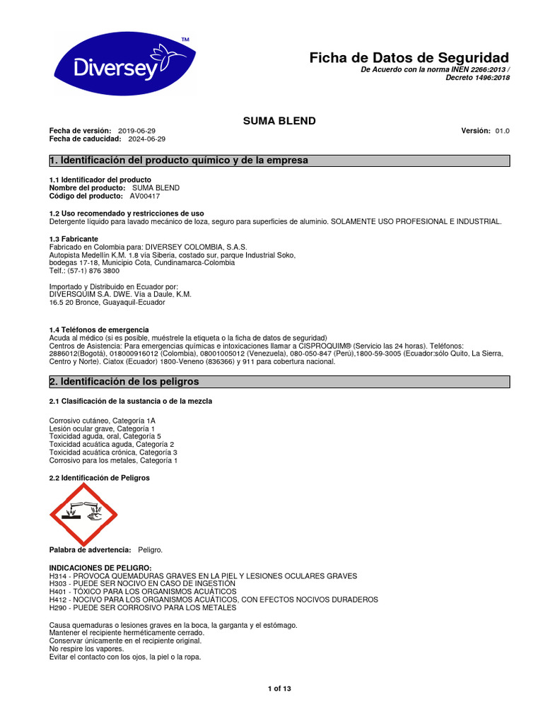 SDS Suma Blend PDF Agua Higiene Ocupacional