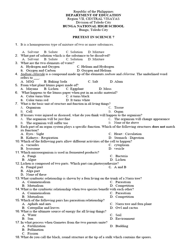 Pretest in Science 7 | PDF | Atmosphere Of Earth | Light