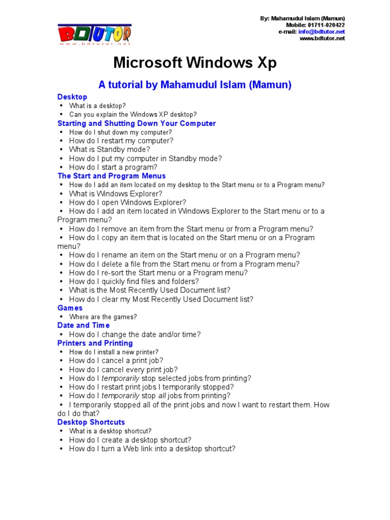 Windows XP Desktop Tutorial Guide | PDF