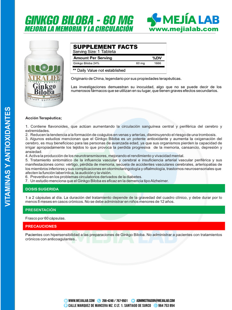 Xtralife Ginkgo Biloba 60 MG PDF Trombo Enfermedad de Alzheimer