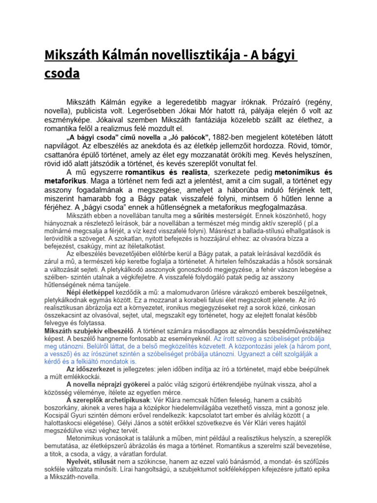 Mikszath Kalman A Bagyi Csoda | PDF
